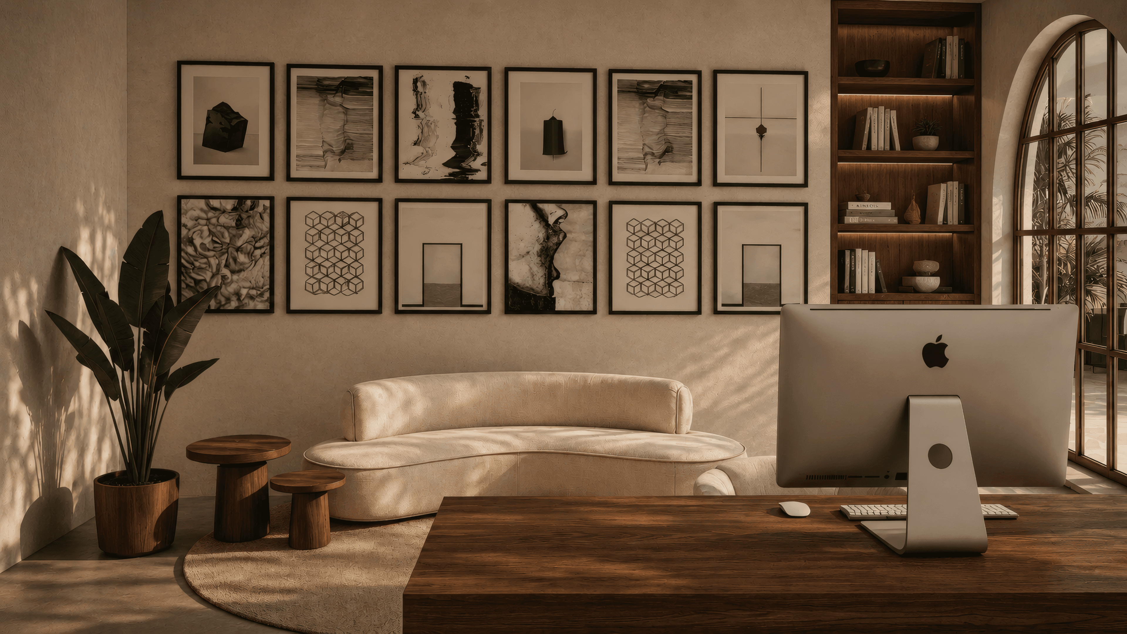 Home-Office mit Galerie-Wand, cremefarbenem Sofa und dunklem Holztisch in warmer mediterraner Lichtstimmung