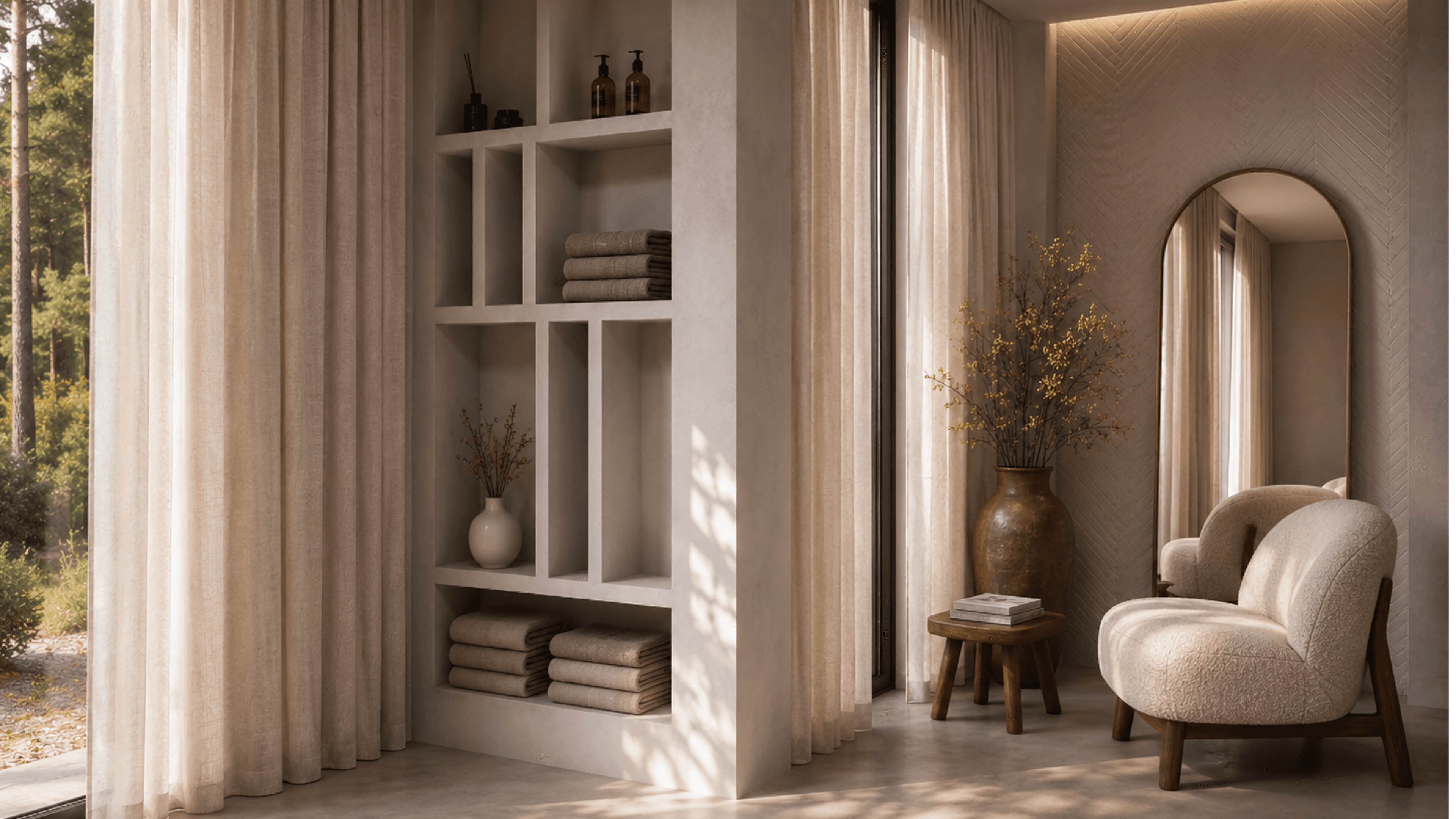 Wellness bathroom with calm light, clean lines, textured surfaces and a serene atmosphere
