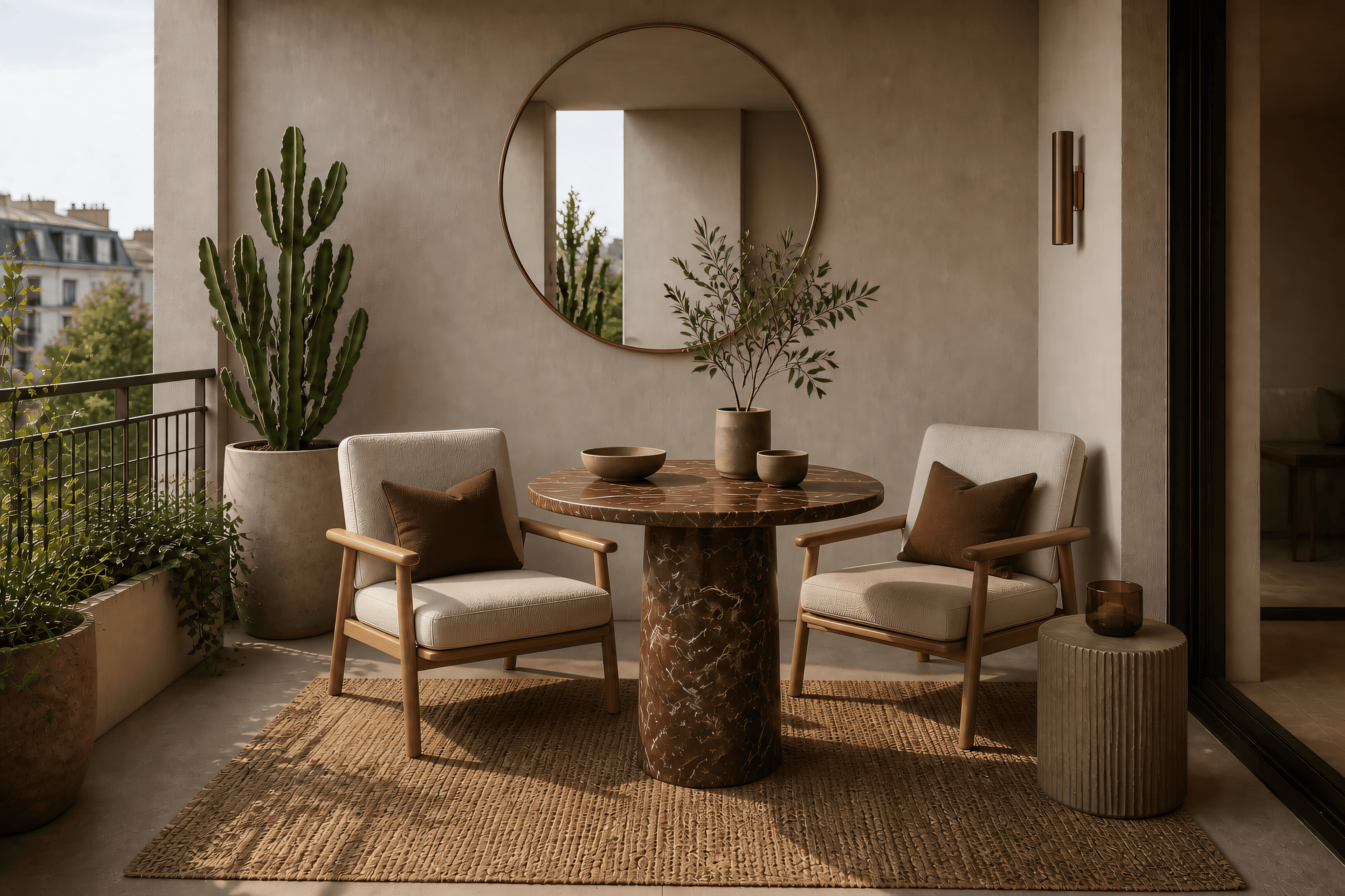 Japandi balcony with red marble table — interior design on the Costa Blanca by Ola Mura